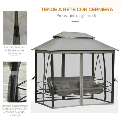 3-Seat Swing and Single Lounger Gazebo Cover with Mosquito Net and Cushions 256x172x248cm Dark Grey