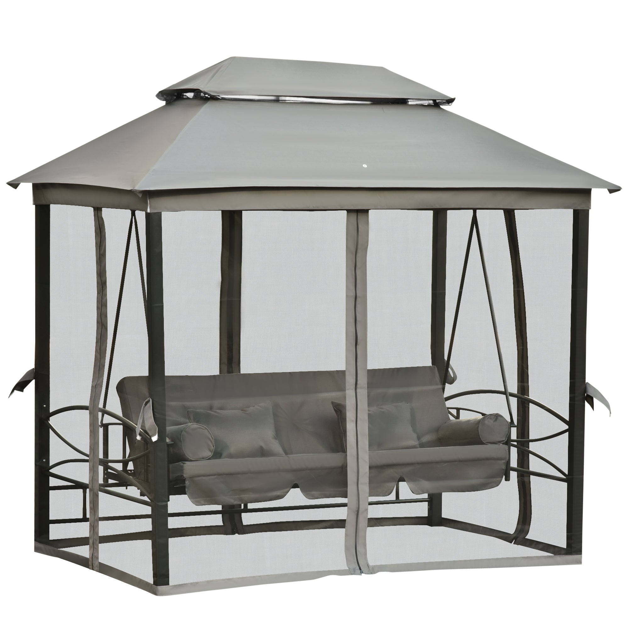 3-Seat Swing and Single Lounger Gazebo Cover with Mosquito Net and Cushions 256x172x248cm Dark Grey