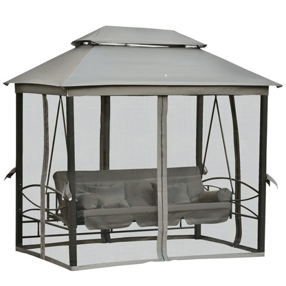 3-Seat Swing and Single Lounger Gazebo Cover with Mosquito Net and Cushions 256x172x248cm Dark Grey