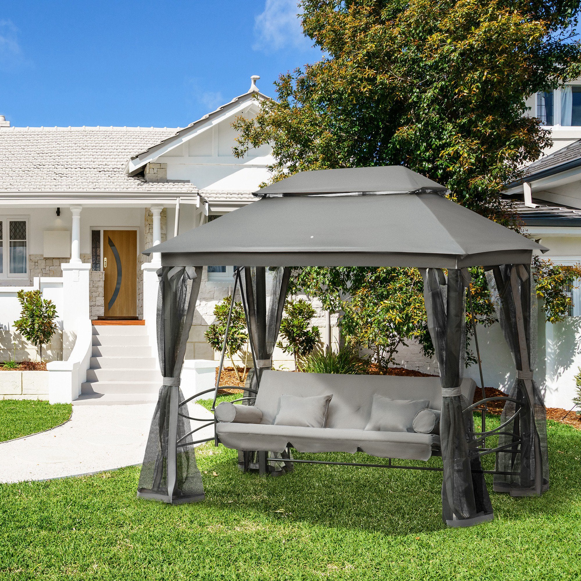 3-Seat Swing and Single Lounger Gazebo Cover with Mosquito Net and Cushions 256x172x248cm Dark Grey