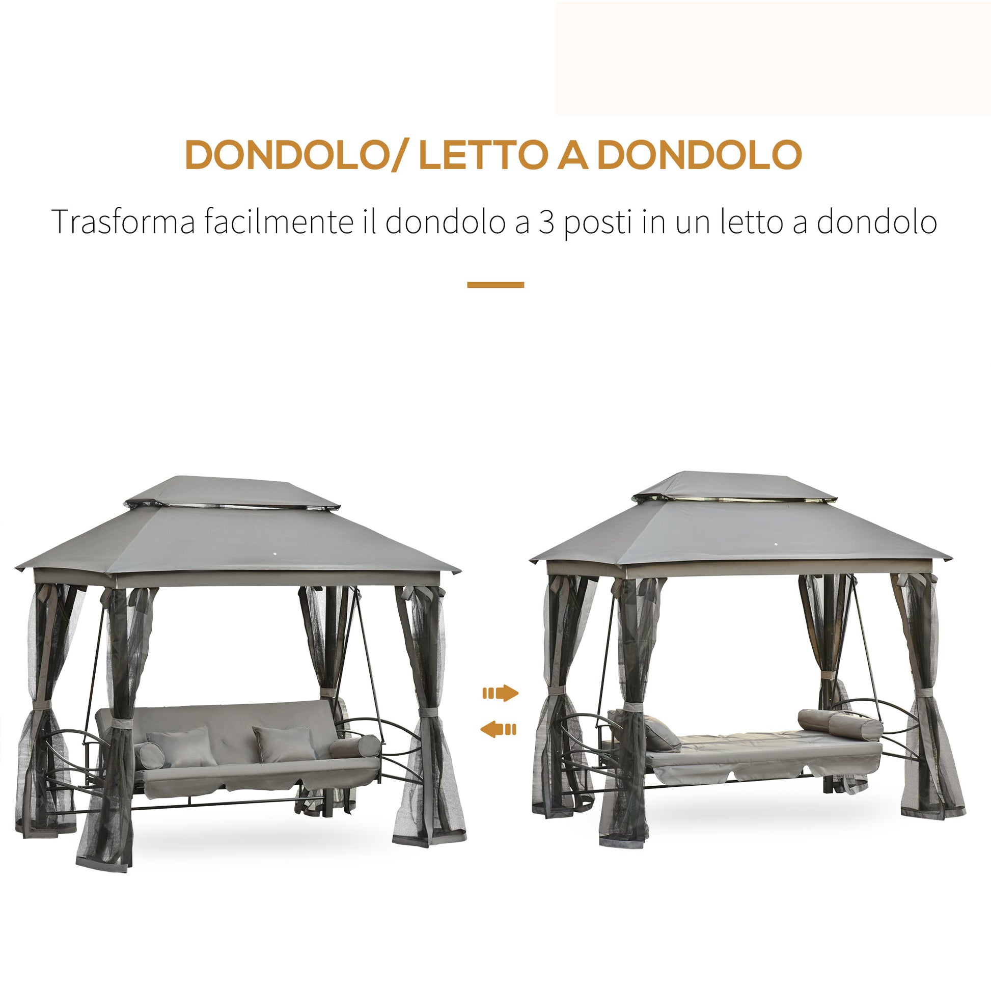 3-Seat Swing and Single Lounger Gazebo Cover with Mosquito Net and Cushions 256x172x248cm Dark Grey