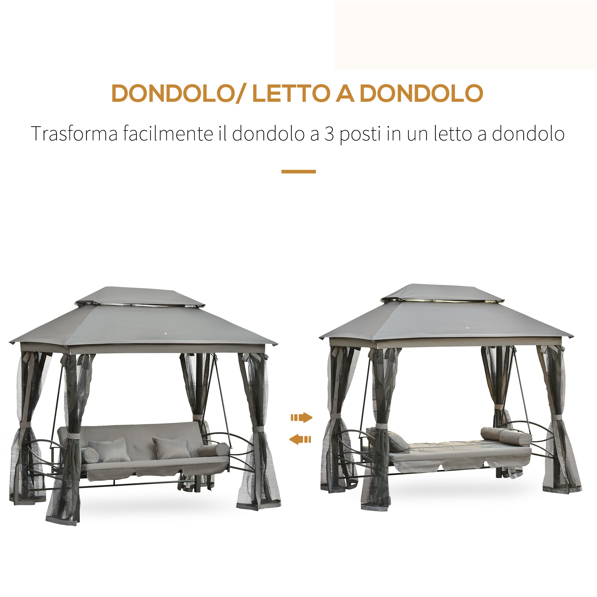 3-Seat Swing and Single Lounger Gazebo Cover with Mosquito Net and Cushions 256x172x248cm Dark Grey
