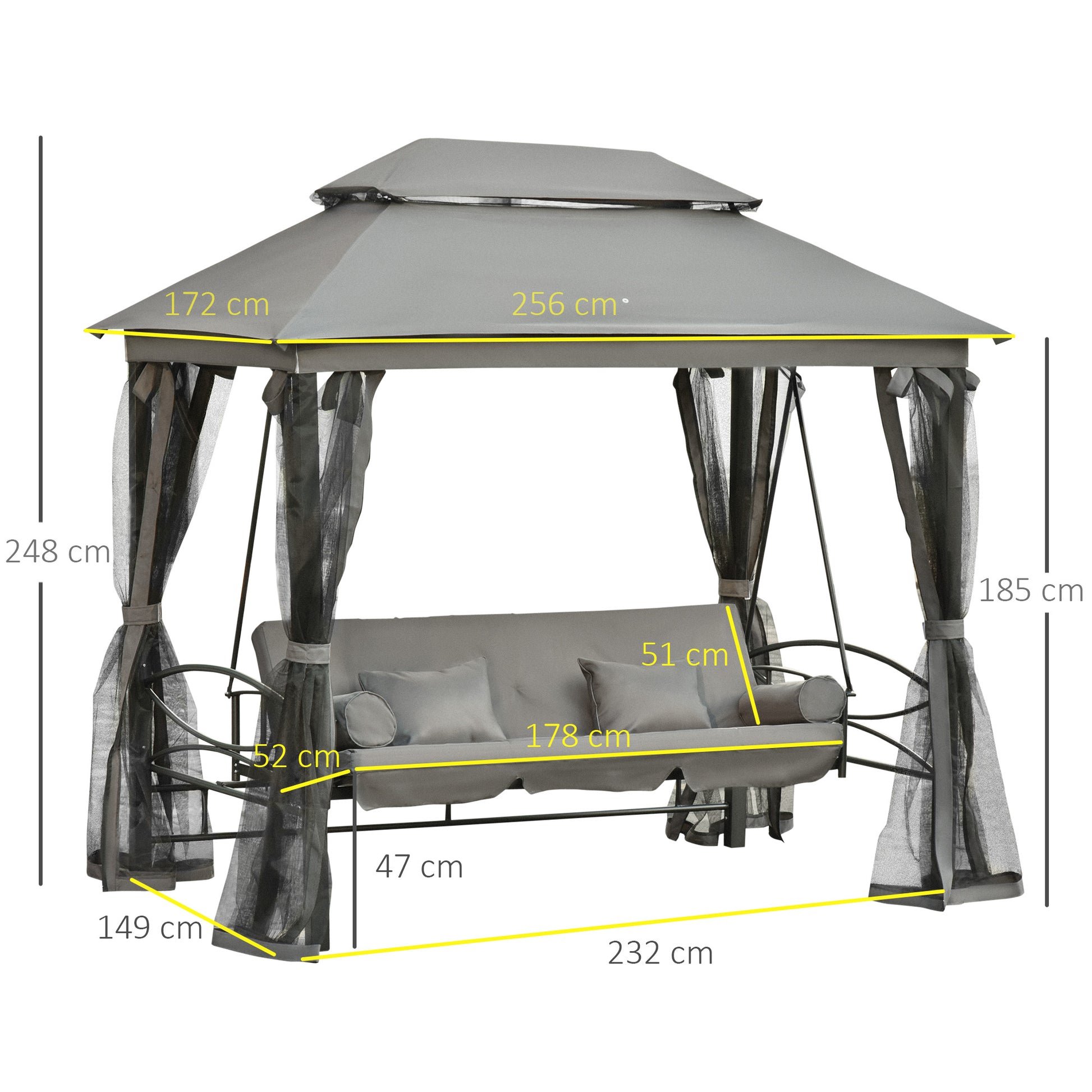 3-Seat Swing and Single Lounger Gazebo Cover with Mosquito Net and Cushions 256x172x248cm Dark Grey
