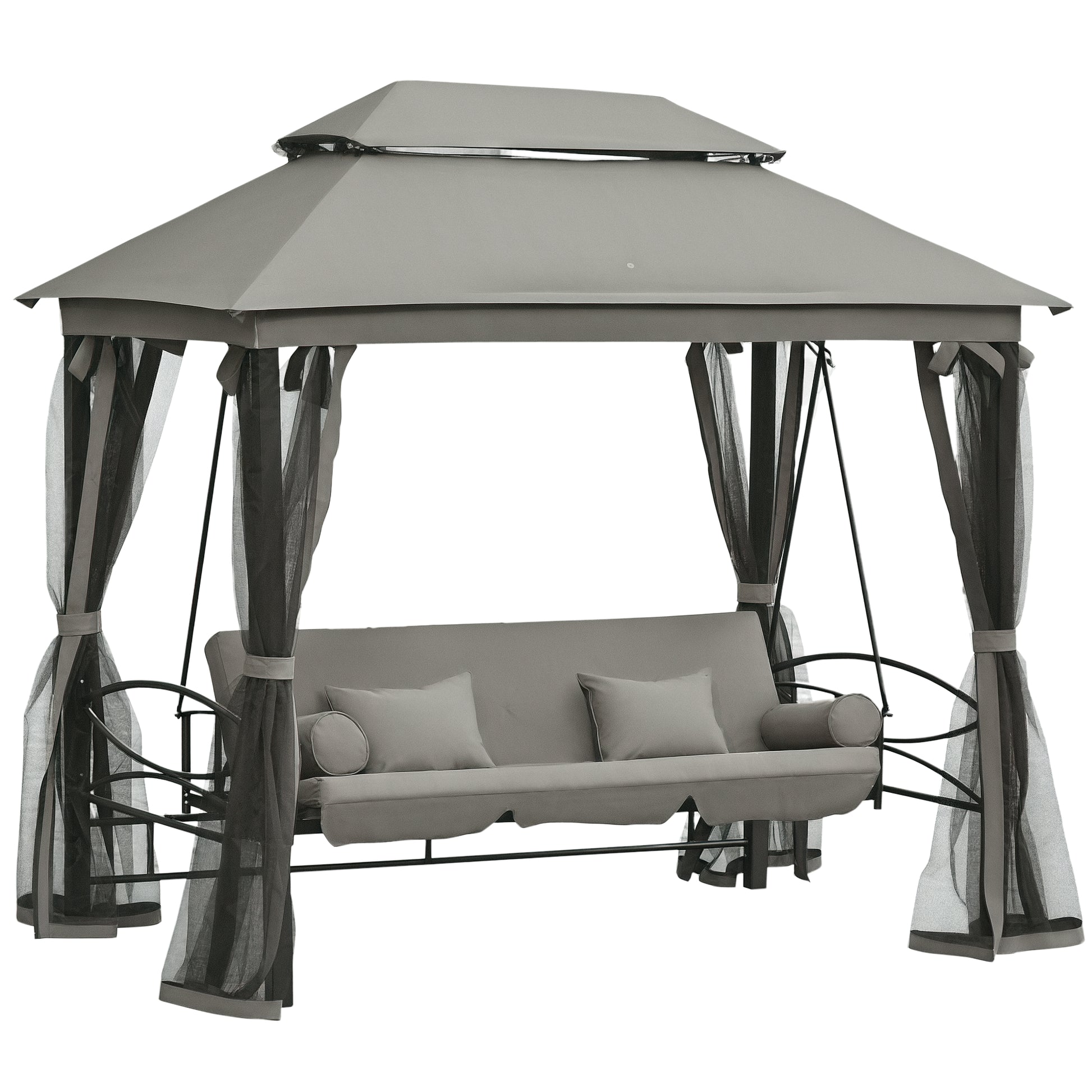 3-Seat Swing and Single Lounger Gazebo Cover with Mosquito Net and Cushions 256x172x248cm Dark Grey