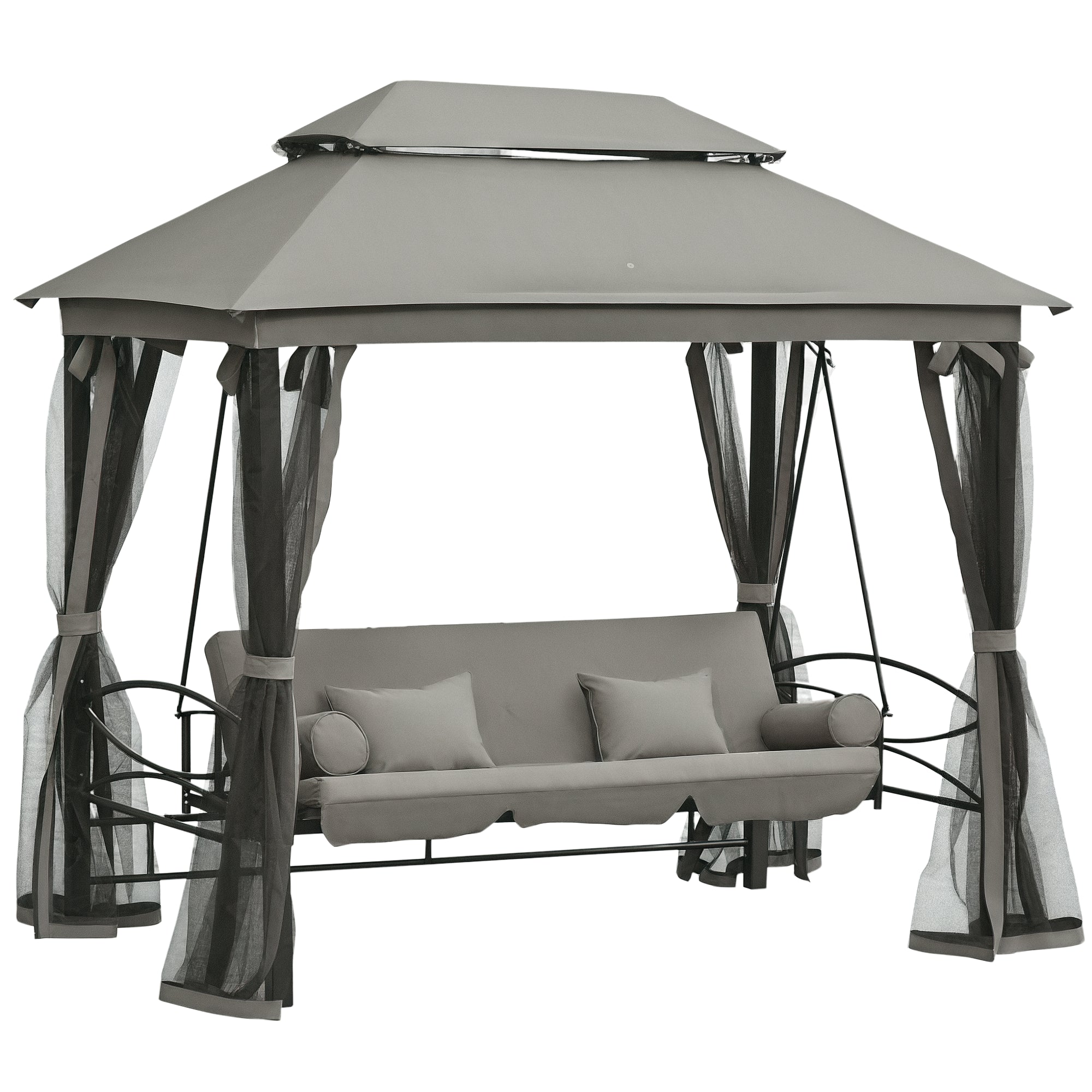 3-Seat Swing and Single Lounger Gazebo Cover with Mosquito Net and Cushions 256x172x248cm Dark Grey