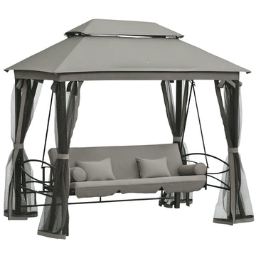 3-Seat Swing and Single Lounger Gazebo Cover with Mosquito Net and Cushions 256x172x248cm Dark Grey