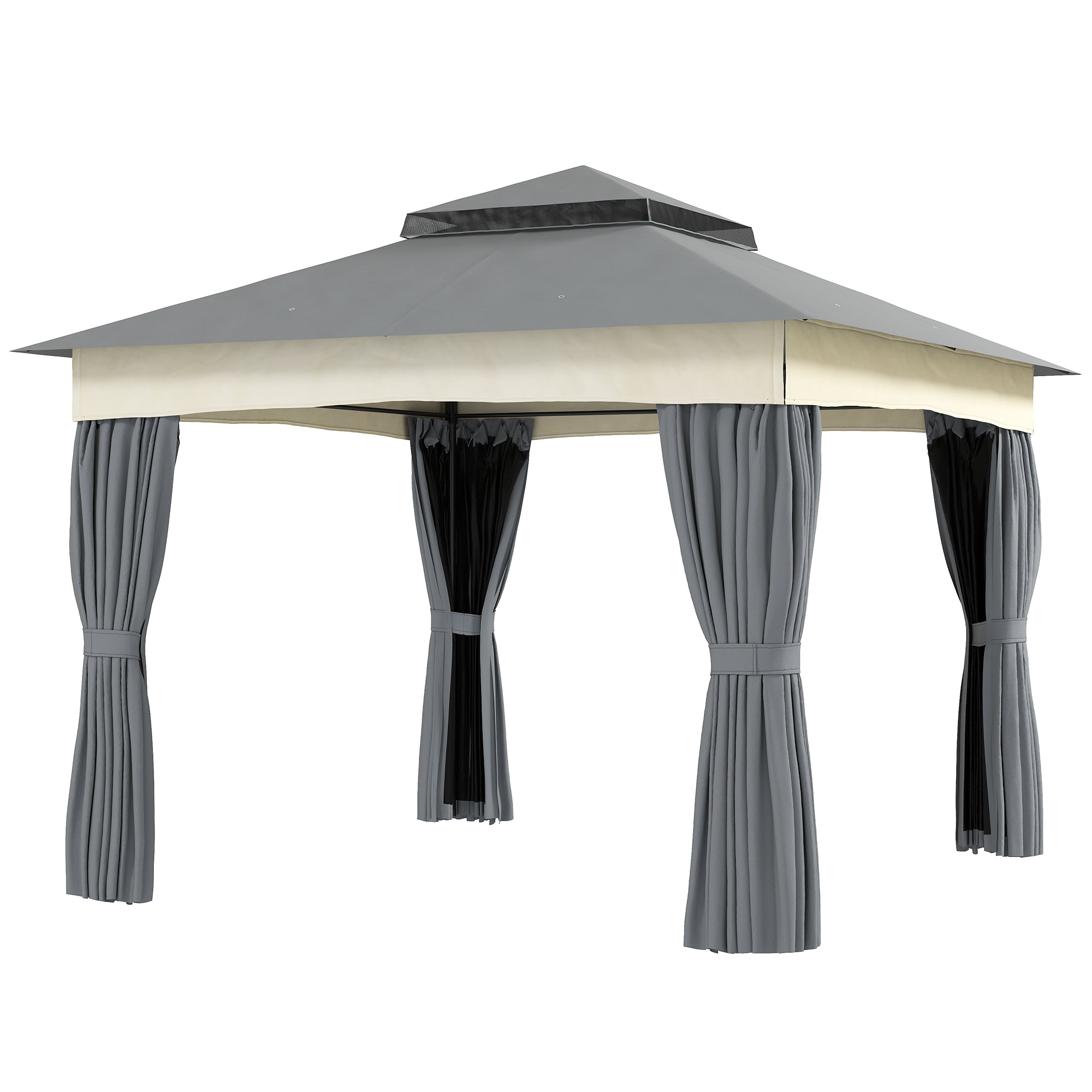 Pavilion with Double Roof, 3x3 m Water-Resistant Stable Winterproof Garden Pavilion with Mosquito Net, Side Panels, Metal Garden Pavilion for Garden, Terrace, Dark Gray