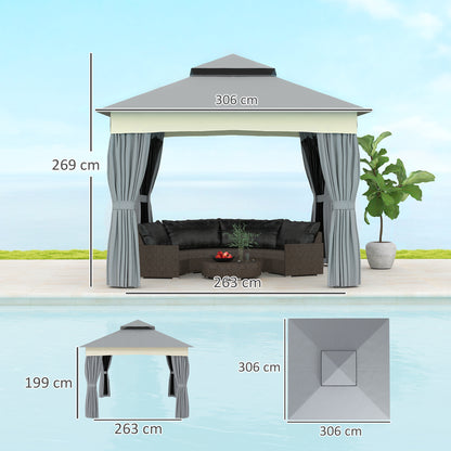 Pavilion with Double Roof, 3x3 m Water-Resistant Stable Winterproof Garden Pavilion with Mosquito Net, Side Panels, Metal Garden Pavilion for Garden, Terrace, Dark Gray