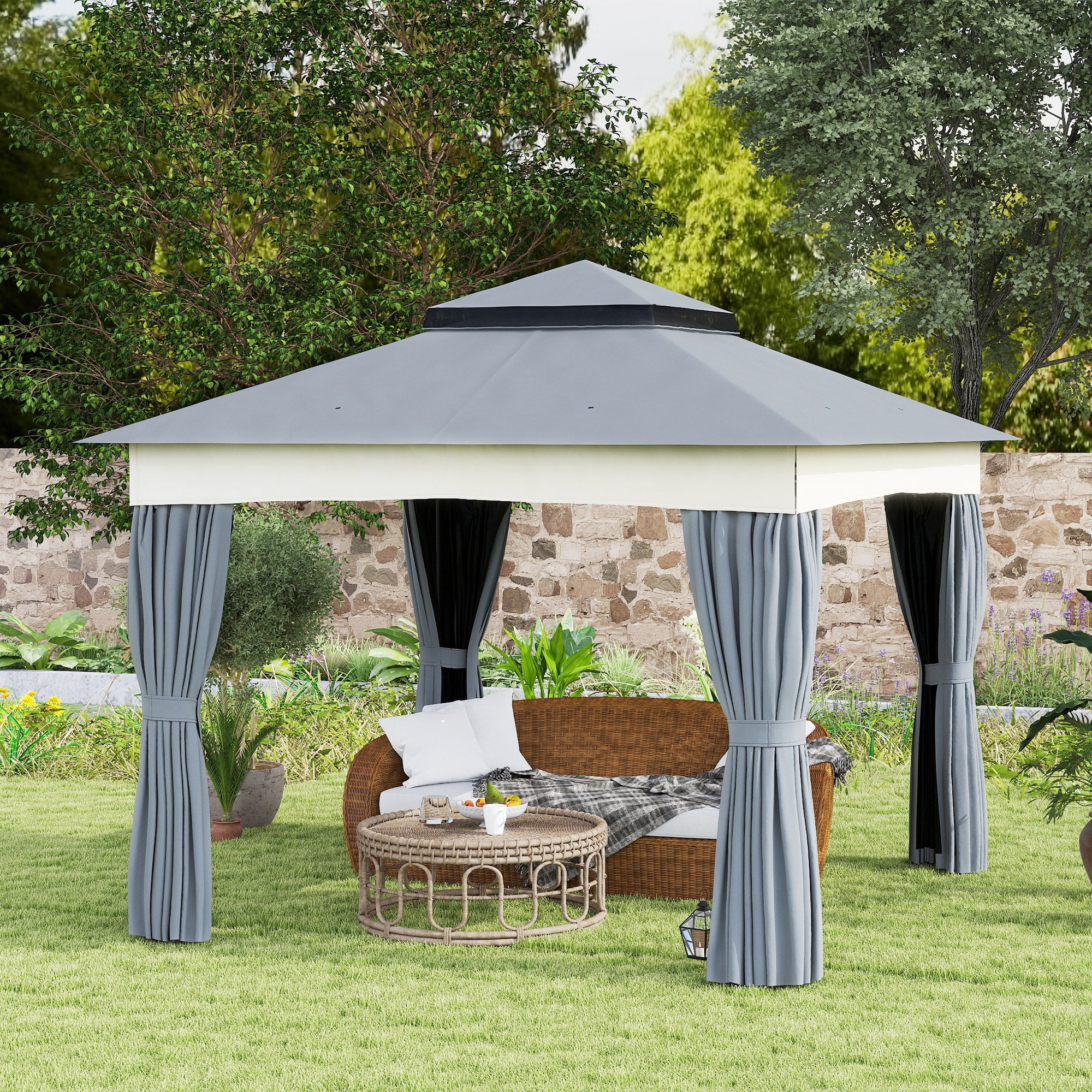 Pavilion with Double Roof, 3x3 m Water-Resistant Stable Winterproof Garden Pavilion with Mosquito Net, Side Panels, Metal Garden Pavilion for Garden, Terrace, Dark Gray