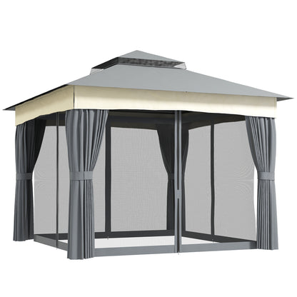 Pavilion with Double Roof, 3x3 m Water-Resistant Stable Winterproof Garden Pavilion with Mosquito Net, Side Panels, Metal Garden Pavilion for Garden, Terrace, Dark Gray