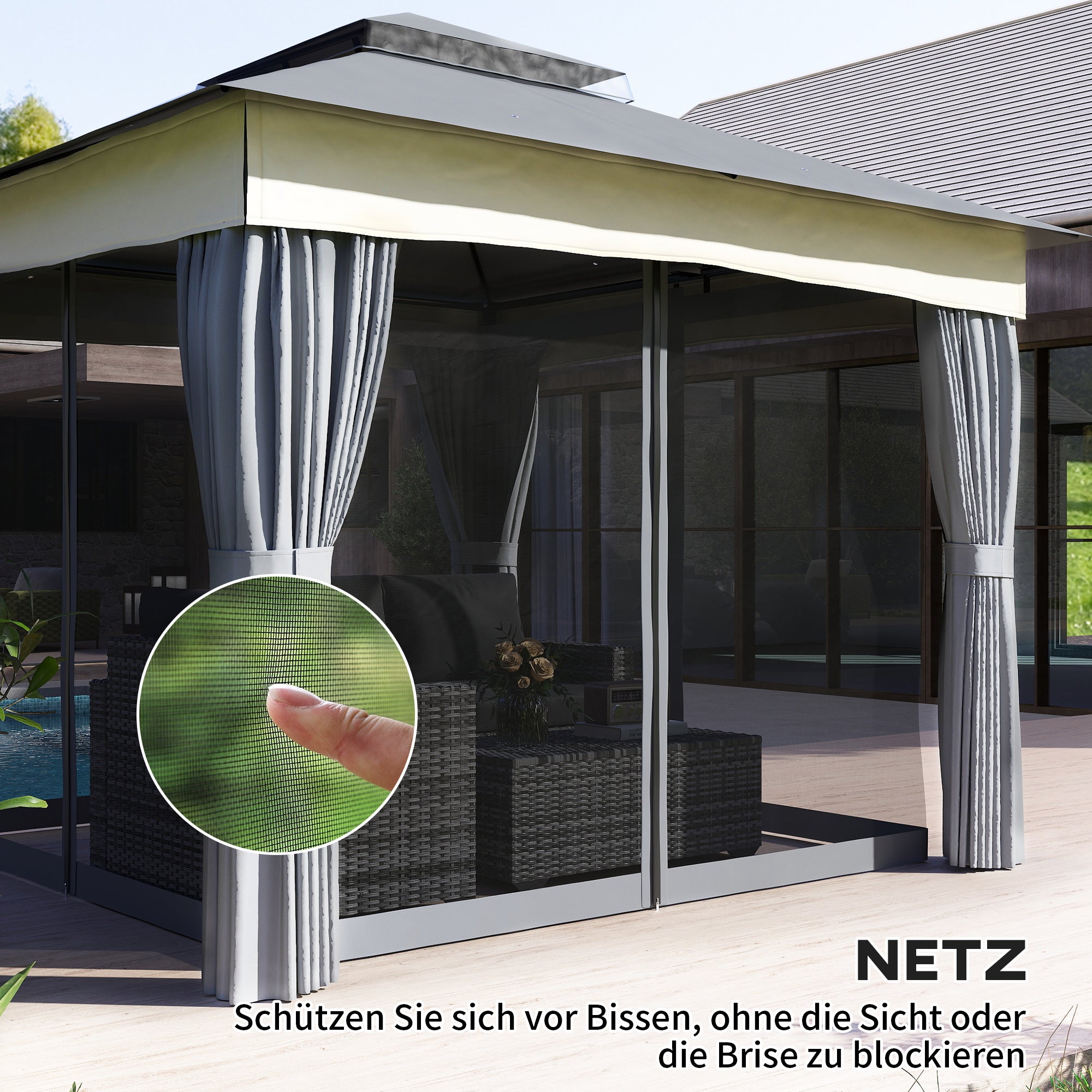 Pavilion with Double Roof, 3x3 m Water-Resistant Stable Winterproof Garden Pavilion with Mosquito Net, Side Panels, Metal Garden Pavilion for Garden, Terrace, Dark Gray