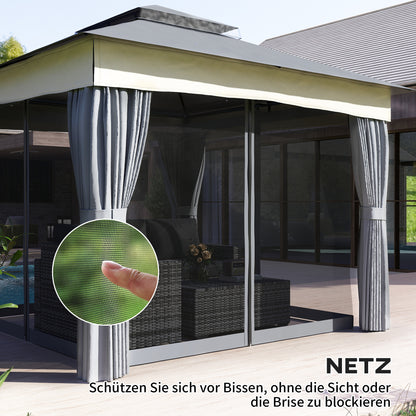 Pavilion with Double Roof, 3x3 m Water-Resistant Stable Winterproof Garden Pavilion with Mosquito Net, Side Panels, Metal Garden Pavilion for Garden, Terrace, Dark Gray