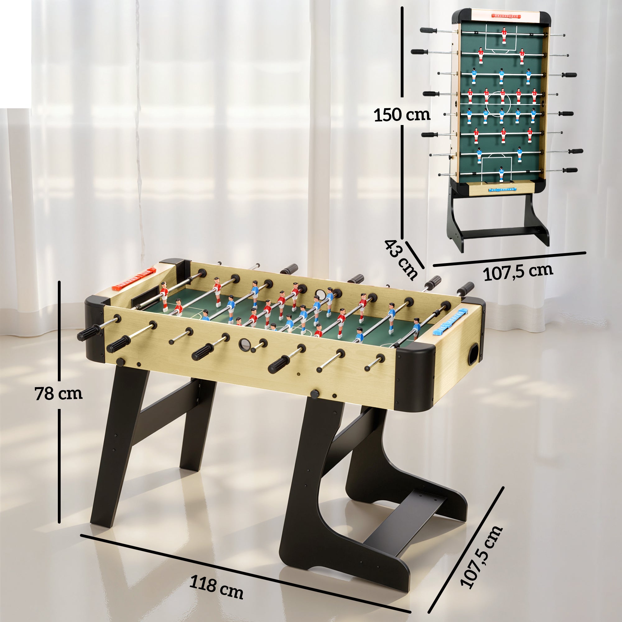 SPORTNOW Folding Kids Foosball Table, Wood-Effect Finish, 2 Scorekeepers, 8 Handles, 22 Players, 8 Rods, 2 Balls — For 2–4 Players, Families & Parties — 118 × 107.5 × 78 cm (46.5 × 42.3 × 30.7 in), Natural