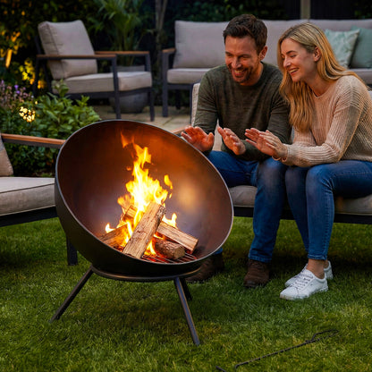 Fire Bowl 23.6 x 20.9 x 26.0 in (60 x 53 x 66 cm) Adjustable Fire Pit with Poker, Charcoal Grate & Stand – Garden, Balcony, Patio, Outdoor BBQ & Camping – Black