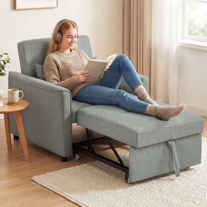 3-in-1 Convertible Sleeper Chair — Adjustable Backrest, Wide Seat, Lumbar Pillow, Linen-Look Sofa Bed, Gray
