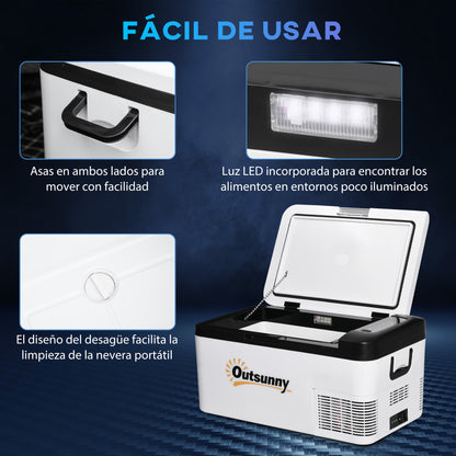 Portable Electric Cooler 18L 12/24V up to -20°C Fridge and Compressor Freezer for Car with LED Light and Foldable Handles Low Energy Consumption for Home Camping 58.5x33.5x29.2 cm White