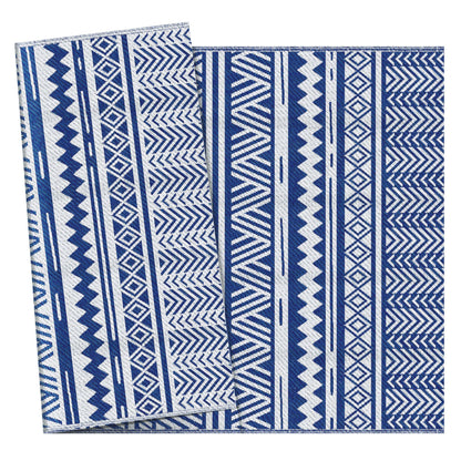 Outdoor Rug 182x274 cm Reversible Rug with Geometric Pattern Waterproof for Terrace Balcony Patio Camping Beach Dark Blue and White