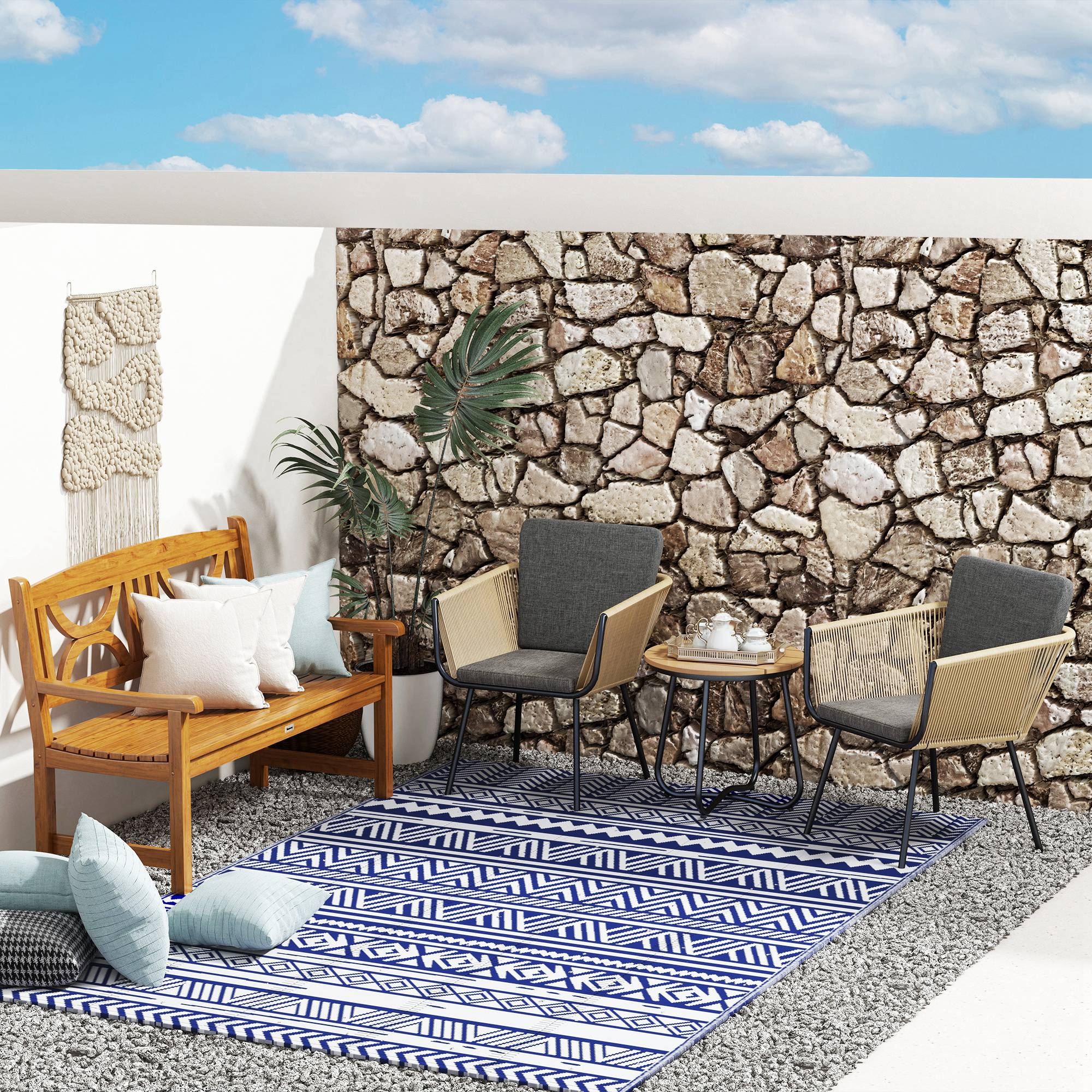 Outdoor Rug 182x274 cm Reversible Rug with Geometric Pattern Waterproof for Terrace Balcony Patio Camping Beach Dark Blue and White