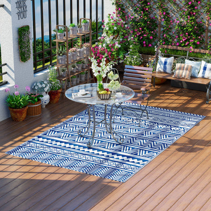 Outdoor Rug 182x274 cm Reversible Rug with Geometric Pattern Waterproof for Terrace Balcony Patio Camping Beach Dark Blue and White