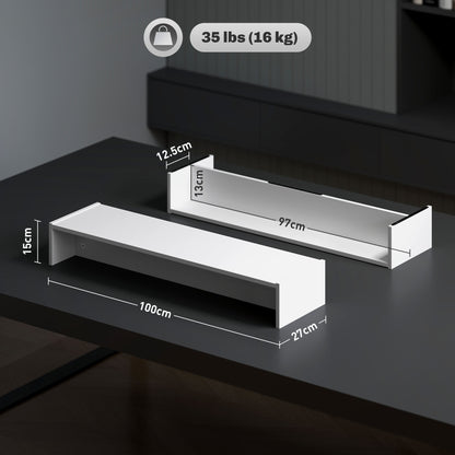 PC Monitor Stand with 2 Storage Compartments, Desktop Monitor Stand in Wood, for Laptop and Computer, Holds Up to 16kg, 100x27x15 cm, White