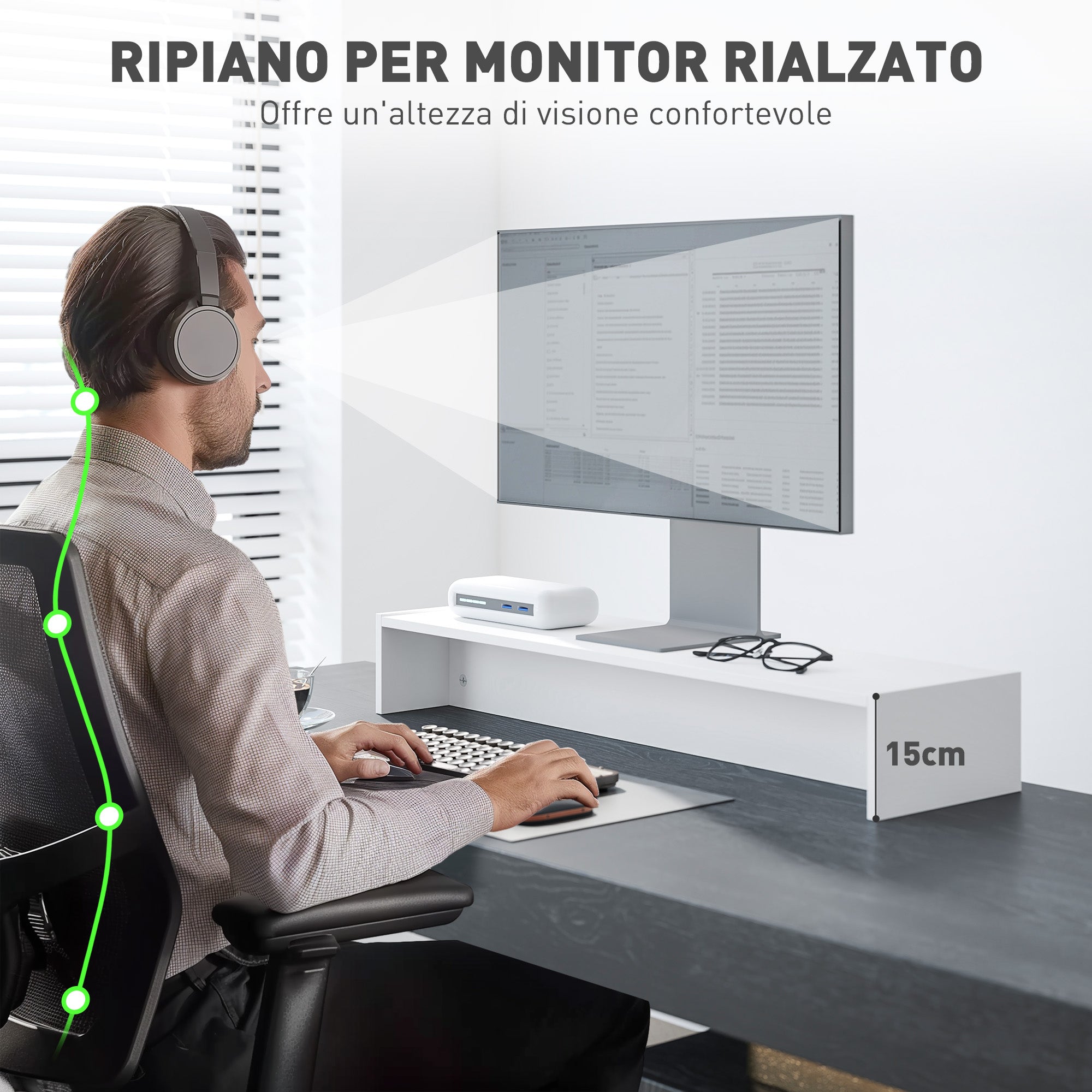 PC Monitor Stand with 2 Storage Compartments, Desktop Monitor Stand in Wood, for Laptop and Computer, Holds Up to 16kg, 100x27x15 cm, White