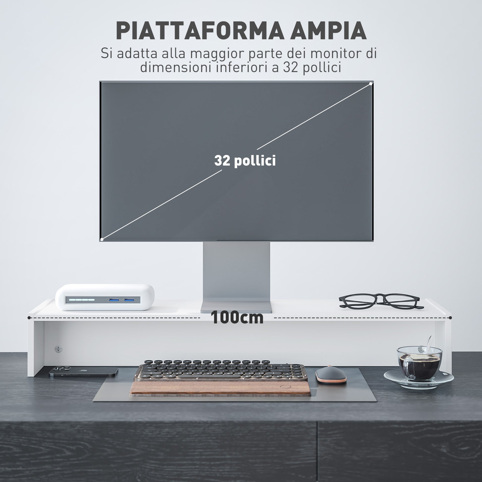 PC Monitor Stand with 2 Storage Compartments, Desktop Monitor Stand in Wood, for Laptop and Computer, Holds Up to 16kg, 100x27x15 cm, White