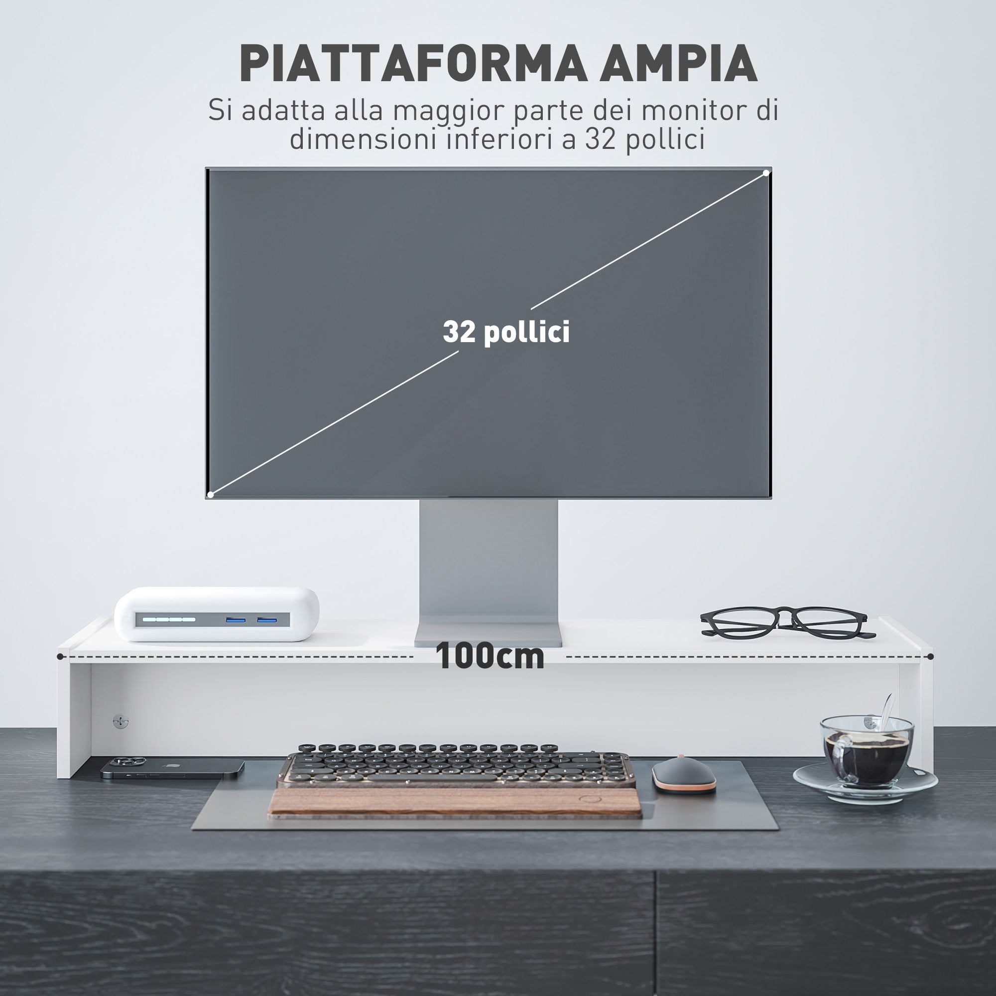 PC Monitor Stand with 2 Storage Compartments, Desktop Monitor Stand in Wood, for Laptop and Computer, Holds Up to 16kg, 100x27x15 cm, White
