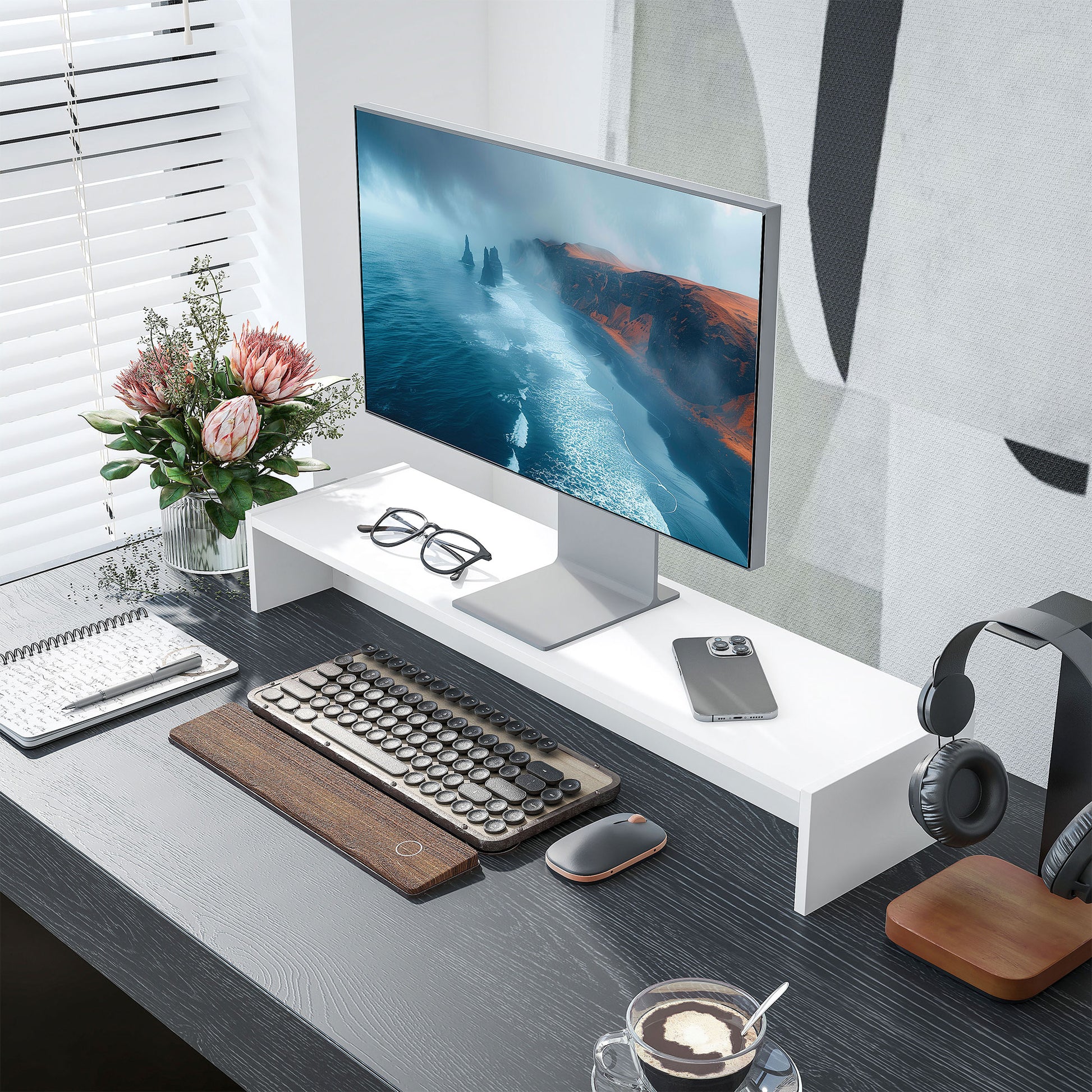 PC Monitor Stand with 2 Storage Compartments, Desktop Monitor Stand in Wood, for Laptop and Computer, Holds Up to 16kg, 100x27x15 cm, White