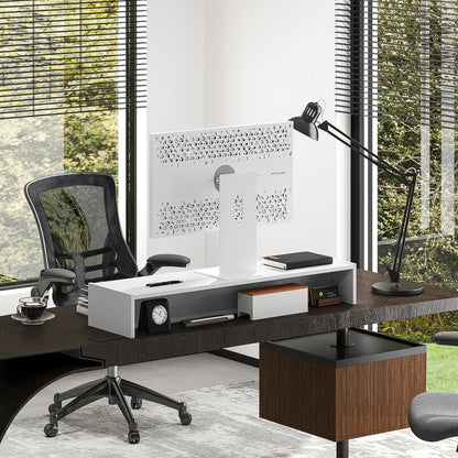 PC Monitor Stand with 2 Storage Compartments, Desktop Monitor Stand in Wood, for Laptop and Computer, Holds Up to 16kg, 100x27x15 cm, White