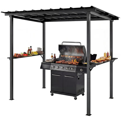 BBQ Pavilion 8 ft 11 in x 6 ft 0 in Garden Gazebo with Lean-to Roof, Side Shelves, UPF50+ Protection, Black
