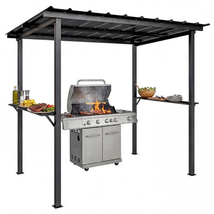 BBQ Pavilion 8 ft 11 in x 6 ft 0 in Garden Gazebo with Lean-to Roof, Side Shelves, UPF50+ Protection, Black