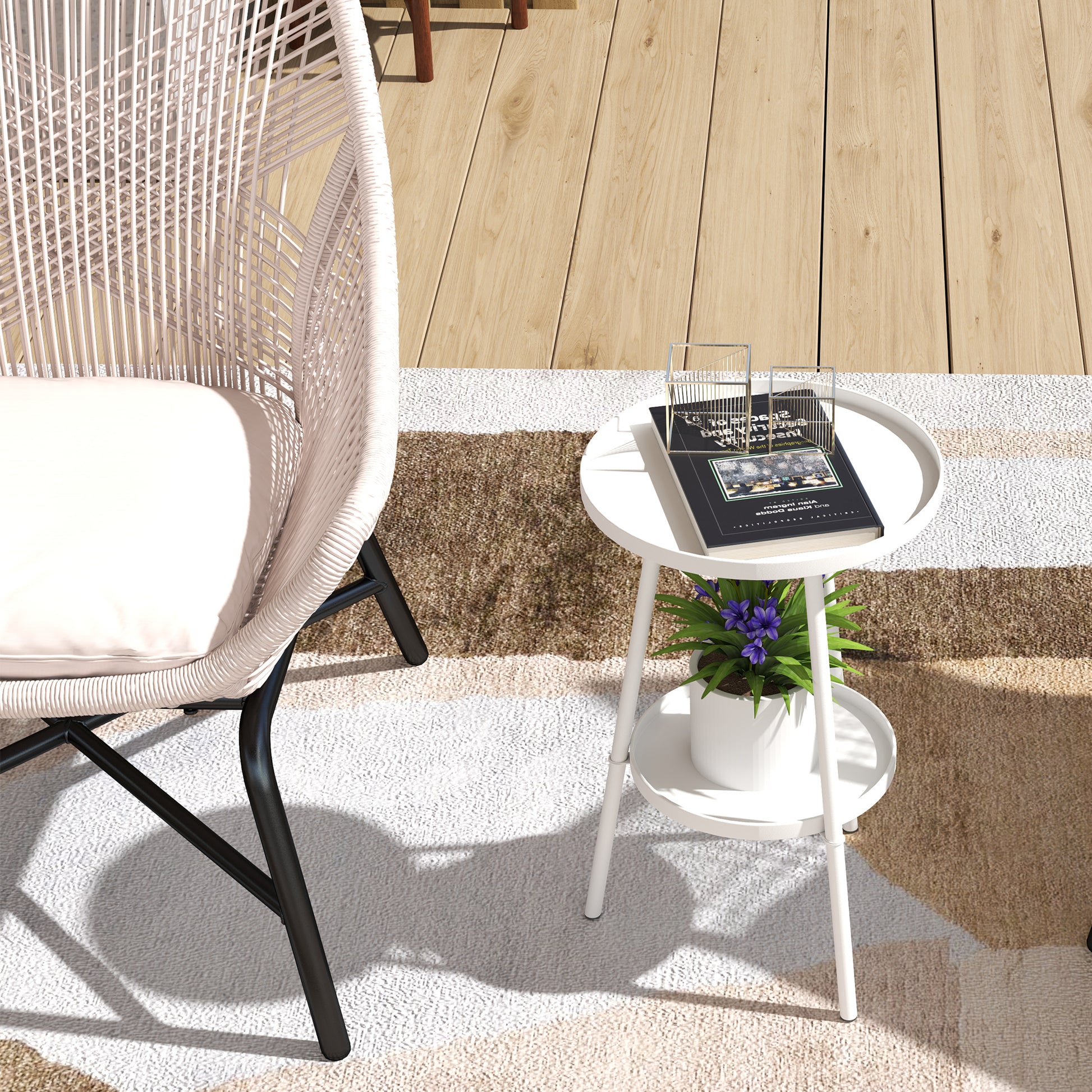 Round 2-Tier Garden Table Outdoor Terrace Table Ø32x51 cm with Bottom Tray and Metal Structure for Indoor and Outdoor Use White
