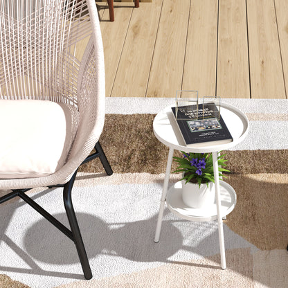 Round 2-Tier Garden Table Outdoor Terrace Table Ø32x51 cm with Bottom Tray and Metal Structure for Indoor and Outdoor Use White