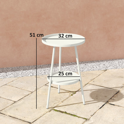 Round 2-Tier Garden Table Outdoor Terrace Table Ø32x51 cm with Bottom Tray and Metal Structure for Indoor and Outdoor Use White