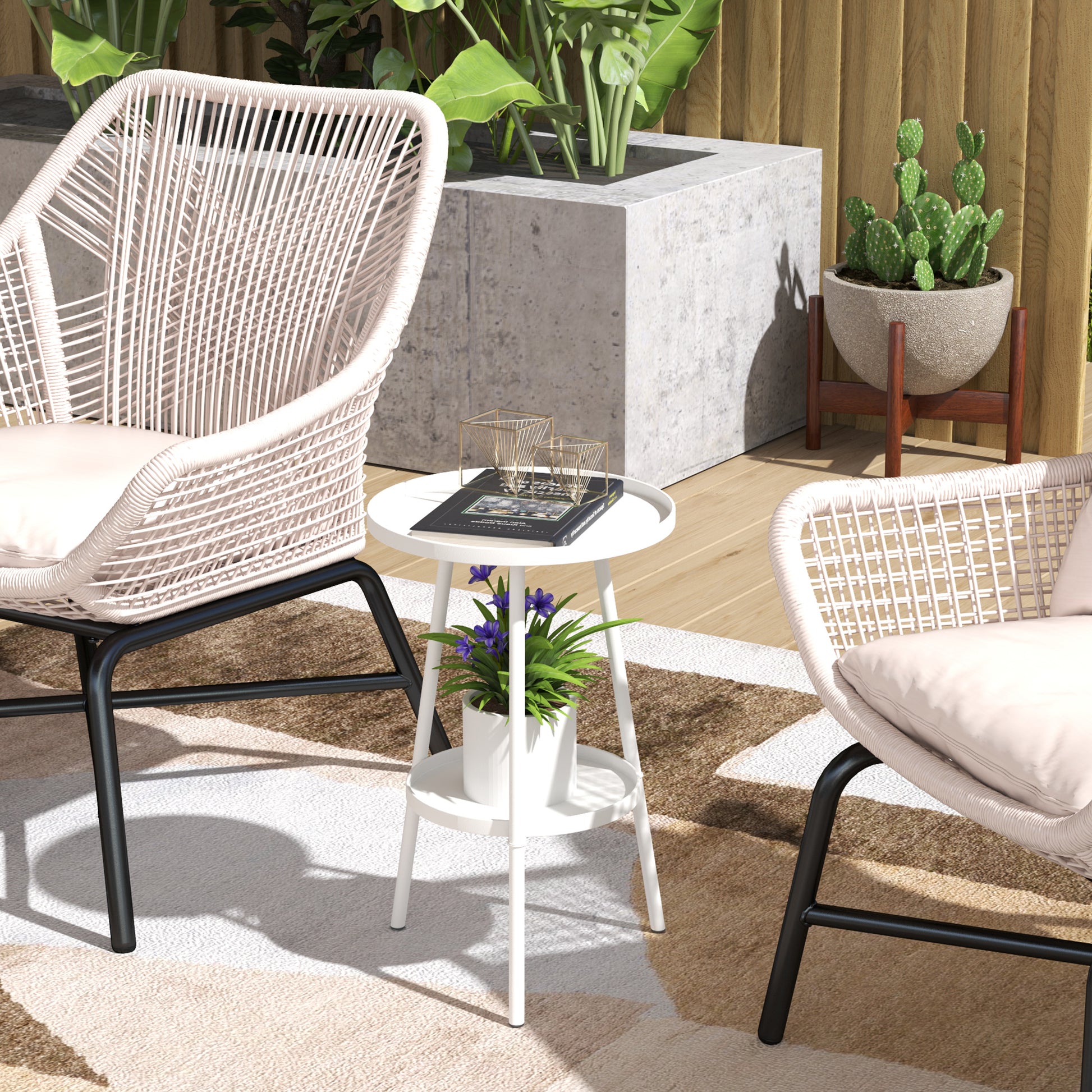 Round 2-Tier Garden Table Outdoor Terrace Table Ø32x51 cm with Bottom Tray and Metal Structure for Indoor and Outdoor Use White