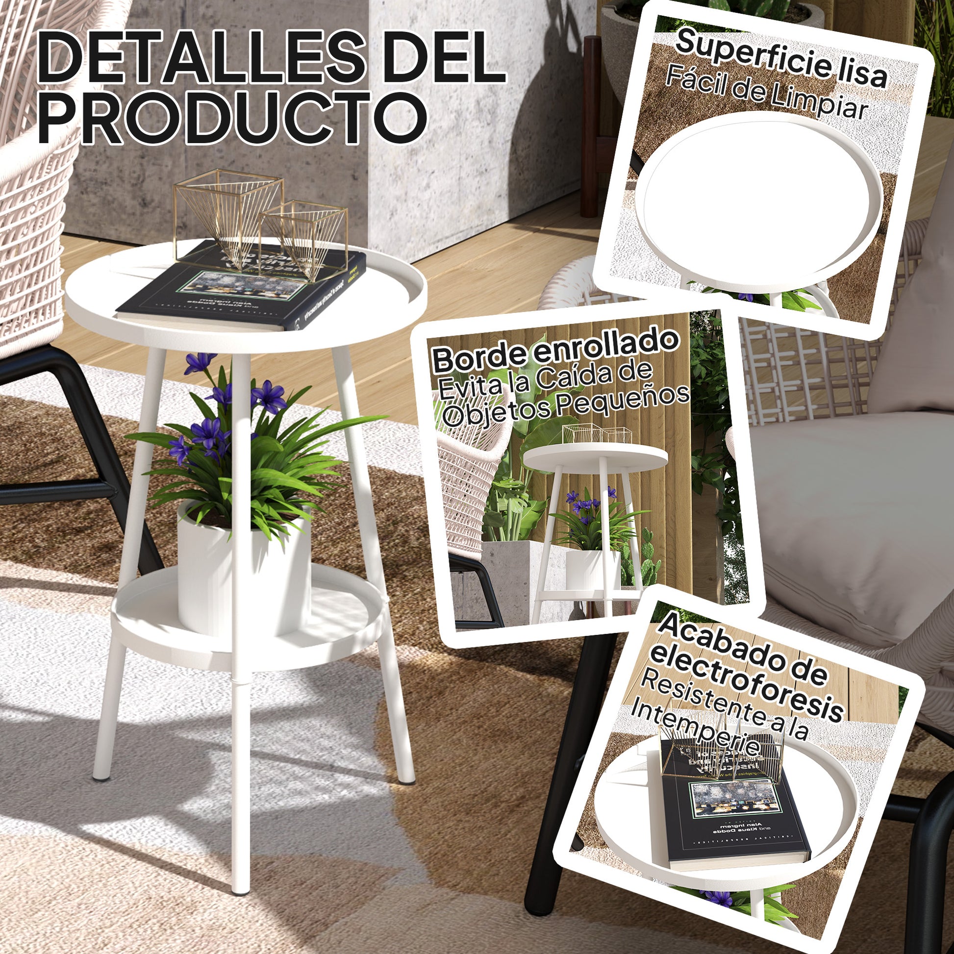 Round 2-Tier Garden Table Outdoor Terrace Table Ø32x51 cm with Bottom Tray and Metal Structure for Indoor and Outdoor Use White