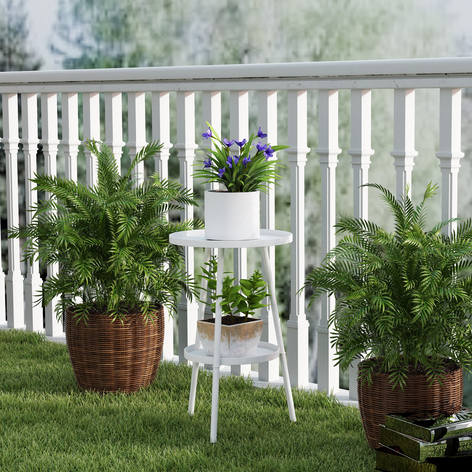 Round 2-Tier Garden Table Outdoor Terrace Table Ø32x51 cm with Bottom Tray and Metal Structure for Indoor and Outdoor Use White