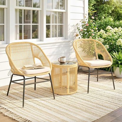 3-Piece Rattan Bistro Set – 2 Cushioned Chairs & Tempered Glass Table, Ergonomic Balcony/Patio Furniture, Beige