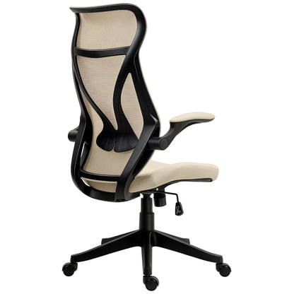 Ergonomic Office Chair with Flip-Up Arms, Swivel Desk Chair with Headrest, Adjustable Height and Rocking Function, Mesh Fabric, for Study, Beige