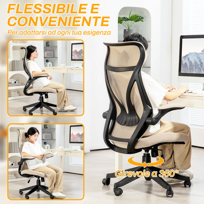 Ergonomic Office Chair with Flip-Up Arms, Swivel Desk Chair with Headrest, Adjustable Height and Rocking Function, Mesh Fabric, for Study, Beige