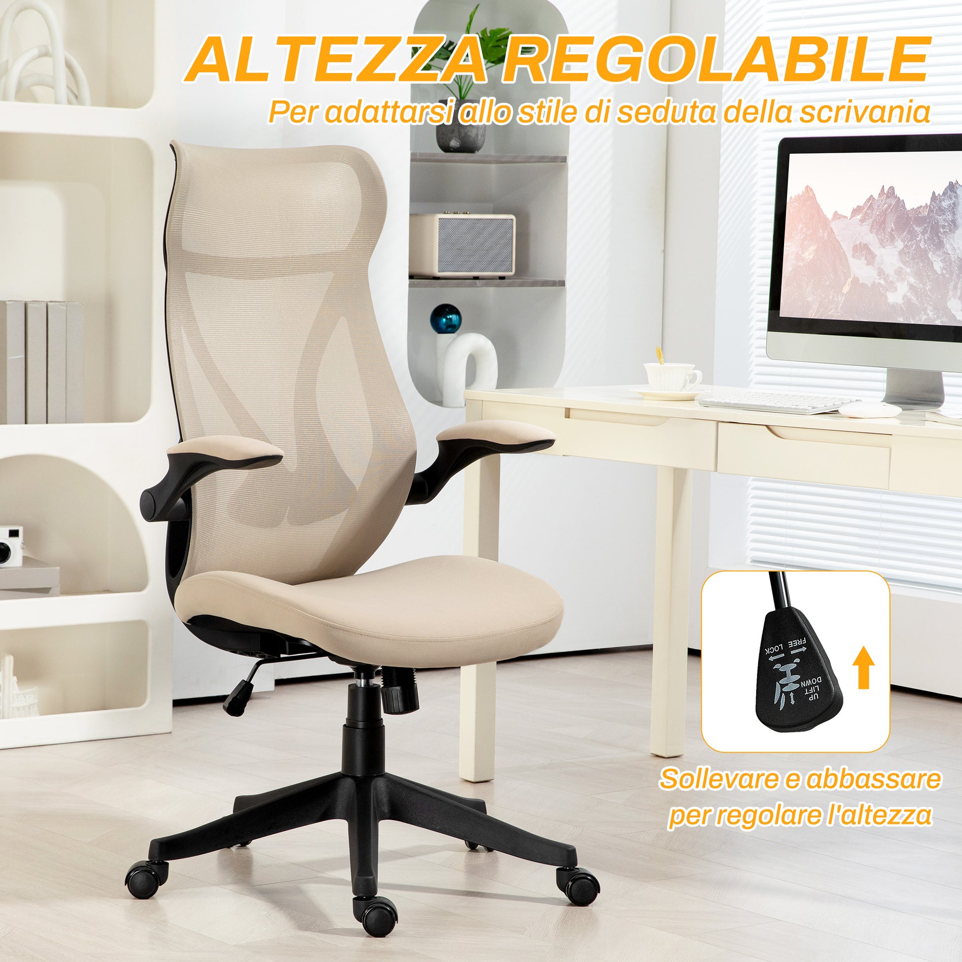 Ergonomic Office Chair with Flip-Up Arms, Swivel Desk Chair with Headrest, Adjustable Height and Rocking Function, Mesh Fabric, for Study, Beige