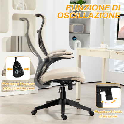 Ergonomic Office Chair with Flip-Up Arms, Swivel Desk Chair with Headrest, Adjustable Height and Rocking Function, Mesh Fabric, for Study, Beige