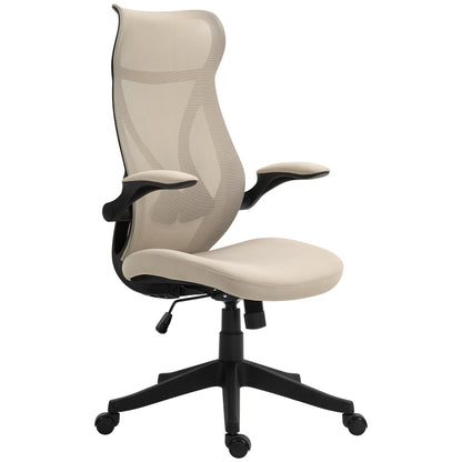 Ergonomic Office Chair with Flip-Up Arms, Swivel Desk Chair with Headrest, Adjustable Height and Rocking Function, Mesh Fabric, for Study, Beige