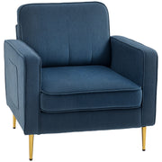 Lounge Chair with Gold Steel Legs, Comfortable 1 Seater Sofa, Side Pockets, for Living Room, Office, Bedroom, Blue
