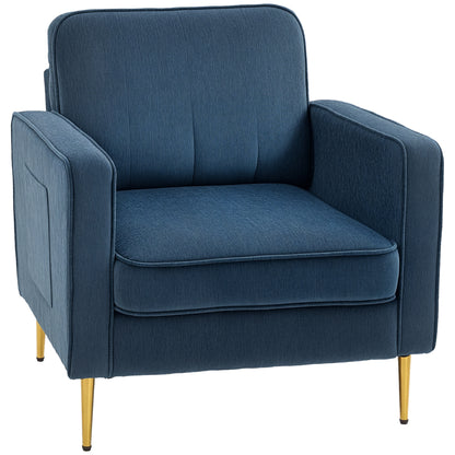 Lounge Chair with Gold Steel Legs, Comfortable 1 Seater Sofa, Side Pockets, for Living Room, Office, Bedroom, Blue