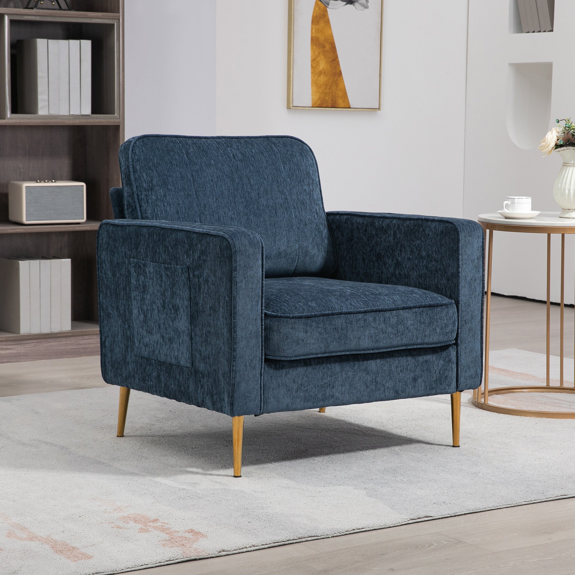 Lounge Chair with Gold Steel Legs, Comfortable 1 Seater Sofa, Side Pockets, for Living Room, Office, Bedroom, Blue