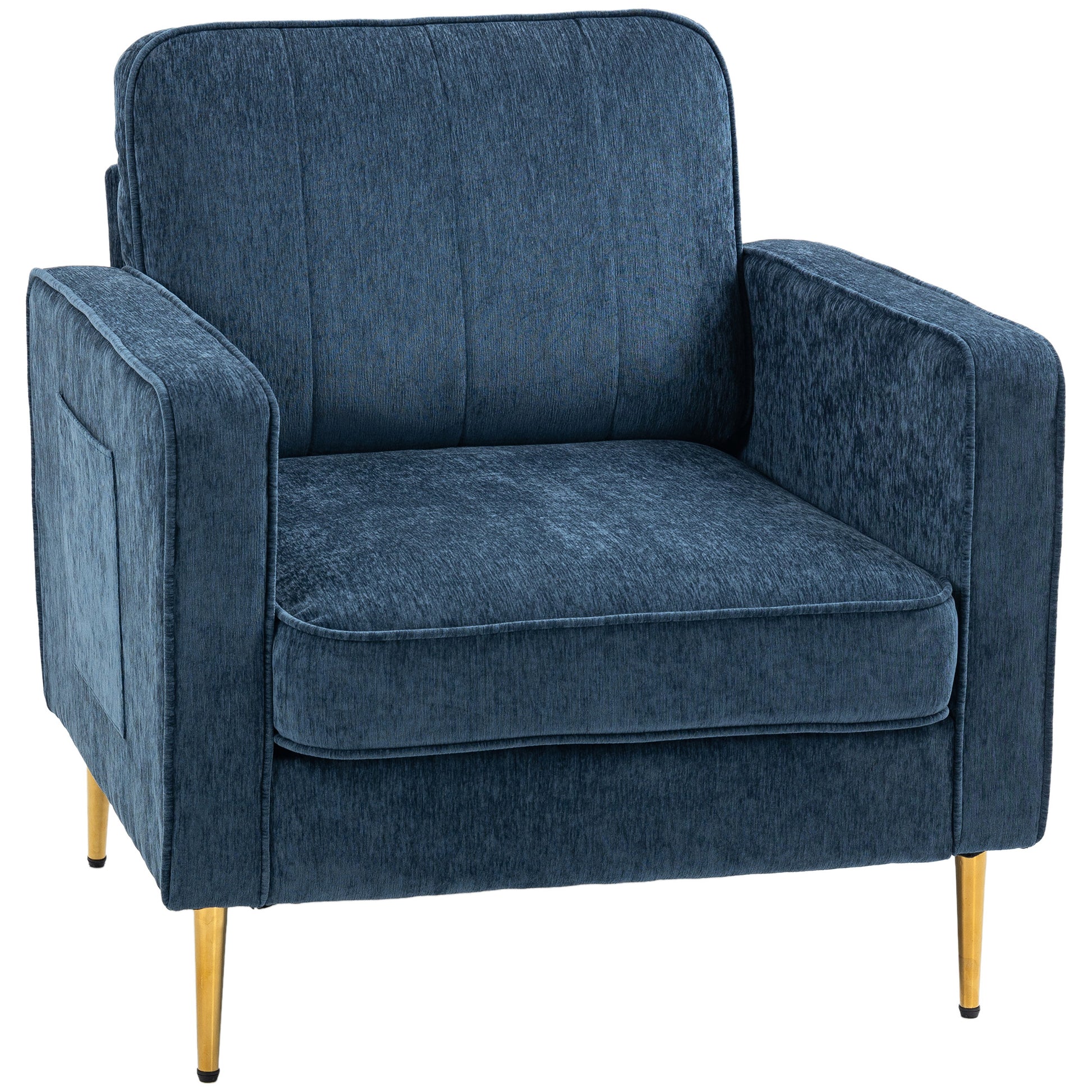 Lounge Chair with Gold Steel Legs, Comfortable 1 Seater Sofa, Side Pockets, for Living Room, Office, Bedroom, Blue