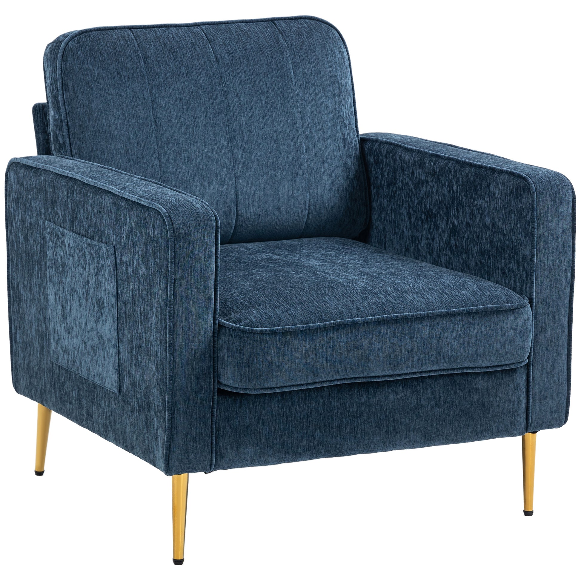 Lounge Chair with Gold Steel Legs, Comfortable 1 Seater Sofa, Side Pockets, for Living Room, Office, Bedroom, Blue