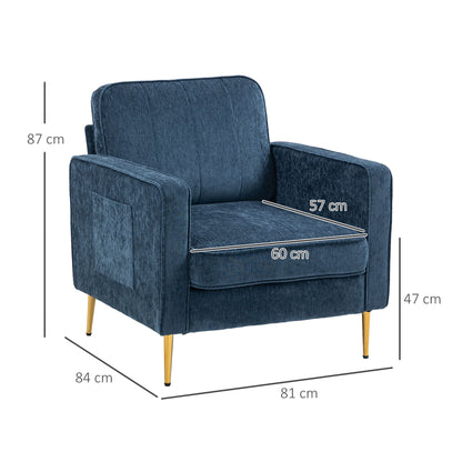 Lounge Chair with Gold Steel Legs, Comfortable 1 Seater Sofa, Side Pockets, for Living Room, Office, Bedroom, Blue