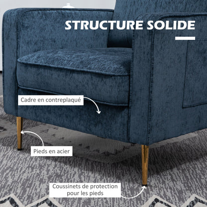 Lounge Chair with Gold Steel Legs, Comfortable 1 Seater Sofa, Side Pockets, for Living Room, Office, Bedroom, Blue